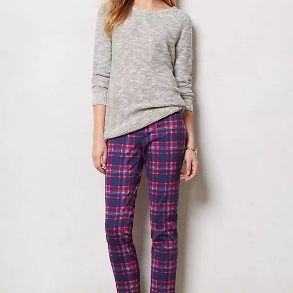 Anthropologie Blue and Pink Plaid Ankle Pants
